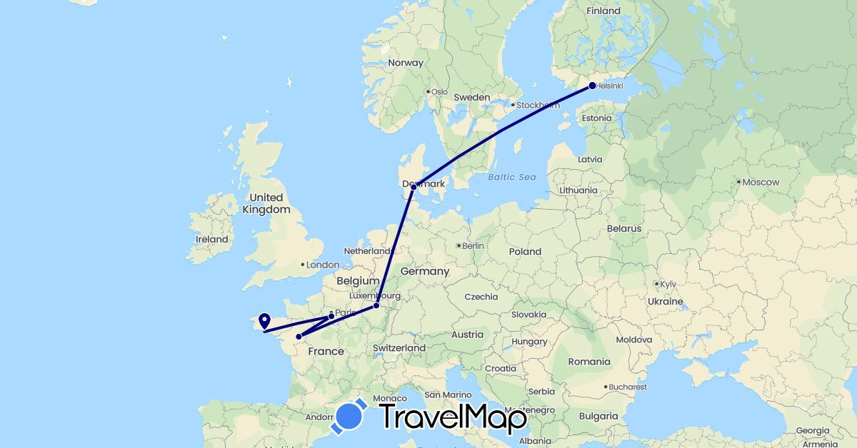 TravelMap itinerary: driving in Denmark, Finland, France (Europe)